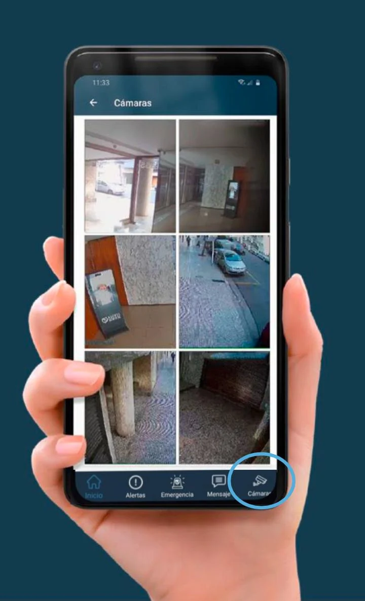 App para residentes mostrando las cámaras del edificio en el celular