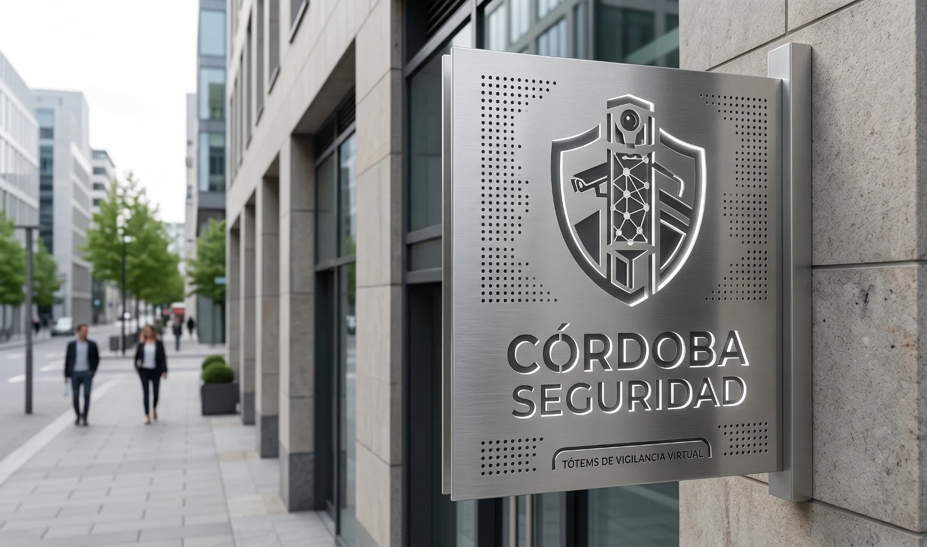 Cartel de acero de Córdoba Seguridad, Tótems de vigilancia virtual, en el frente de un edificio